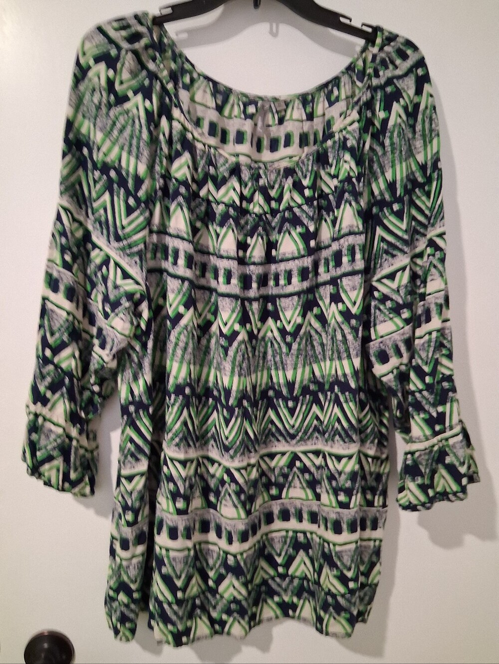 New Directions Womens Green Geometric Print Blouse - Crew Neck